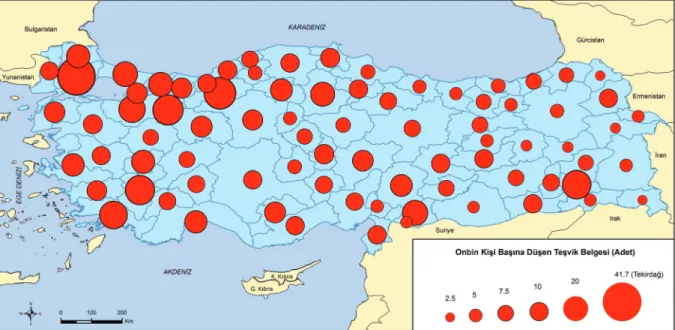 Şekil 2. 1980-2008 döneminde onbin kişi başına düşen teşvik belgesi sayısının illere dağılımı 