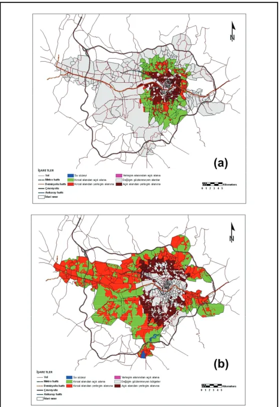 Şekil 6. Ankara’nın 1942–1968 (a) ve 1968-2000 (b) yılları arasındaki arazi kullanımı değişim haritaları (a)