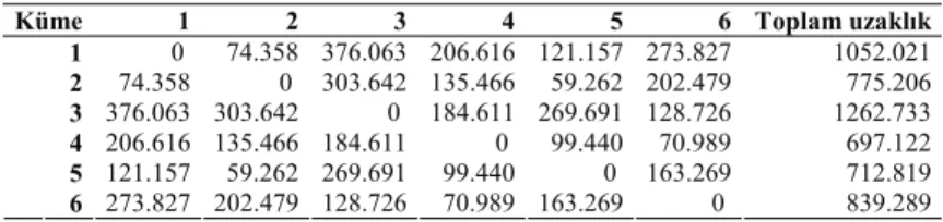 Çizelge 3. Son küme merkezleri arasındaki uzaklıklar/benzemezlikler  