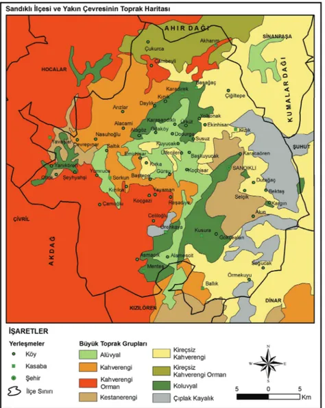 Şekil 5. Sandıklı ilçesi ve yakın çevresinin toprak haritası (Kaynak: Afyonkarahisar  İl Afet ve Acil  Durum Müdürlüğü -ADUYBİM) 