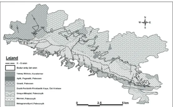 Şekil 2. Araştırma alanının jeoloji haritası ve bodur ardıç ile jeolojik birimler arasındaki ilişki 