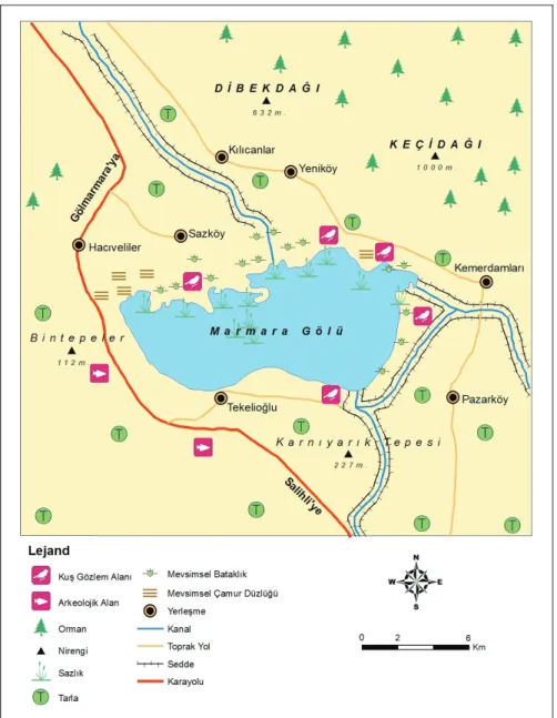 Şekil 3. Marmara Gölü’nde insan-çevre etkileşimleri haritası (Girgin, 2000’den değiştirilerek) 