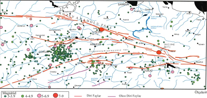 Şekil 5: Amasya İli ve çevresindeki diri faylar ve 1900-2006 yılları arasında olan depremlerin episantr dağılımı (Ateş vd.,  2006)