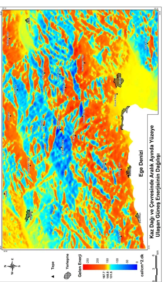 Şekil 7. Kaz Dağı ve yakın çevresinde aralık ayında (15 Aralık koĢullarında) topografyanın etkisiyle yüzeye ulaĢan  güneĢ enerjisinin alansal farklılaĢması 