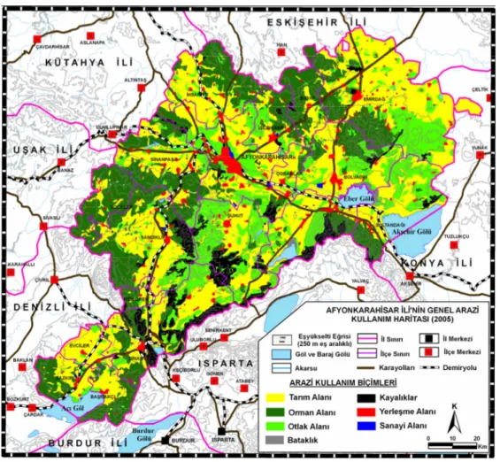 Şekil 10. Afyonkarahisar ilinde genel arazi kullanımı (2005). 
