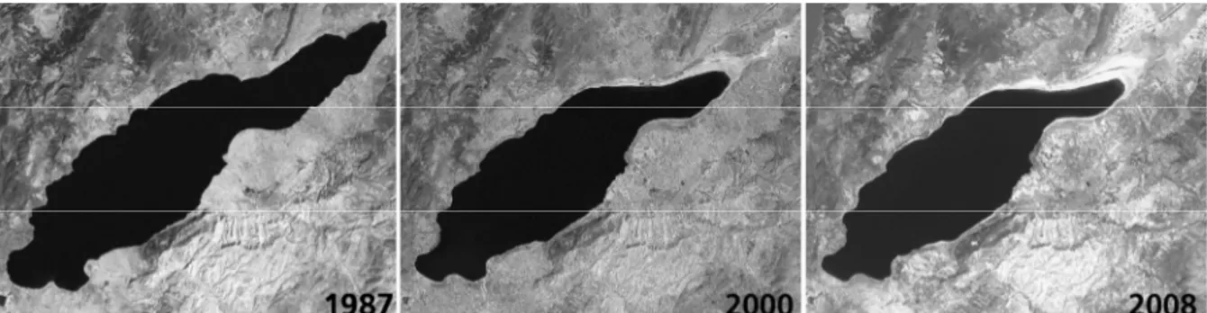 Foto 1. Burdur Gölü’nün 1987-2000-2008 uydu görüntüleri (1 Ağustos 1987 Landsat 5 TM görüntüsü, 28 Ağustos 2000 