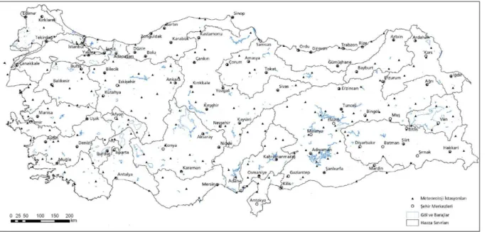 Şekil 1. Kullanılan meteoroloji istasyonlarının dağılımı 