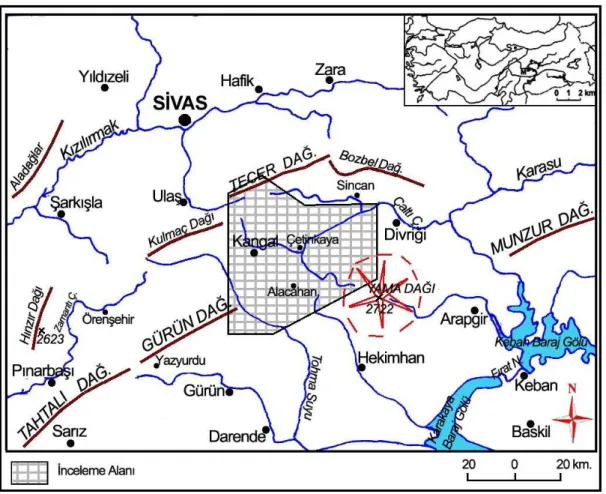 Şekil 1.Çaltı Çayı Yukarı Havzası’nın (Kangal Doğusu) lokasyon haritası 