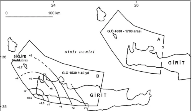Şekil 6. Girit’te Geç Holosen’de meydana gelen tektonik hareketlerden etkilenmiş olan litosfer bloklarının önerilen sınırları