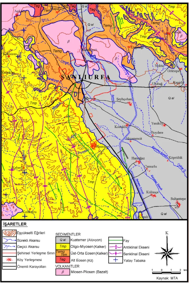 Şekil 6. Şanlıurfa şehri ve yakın çevresinin jeoloji haritası 