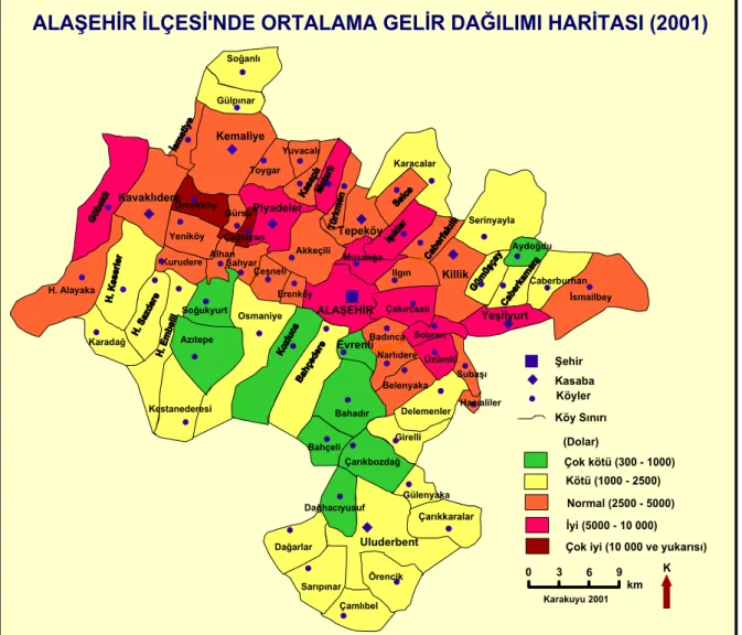 Şekil 5. Alaşehir ilçesinde Gelir durumlarına göre yerleşmelerin dağılımı. 