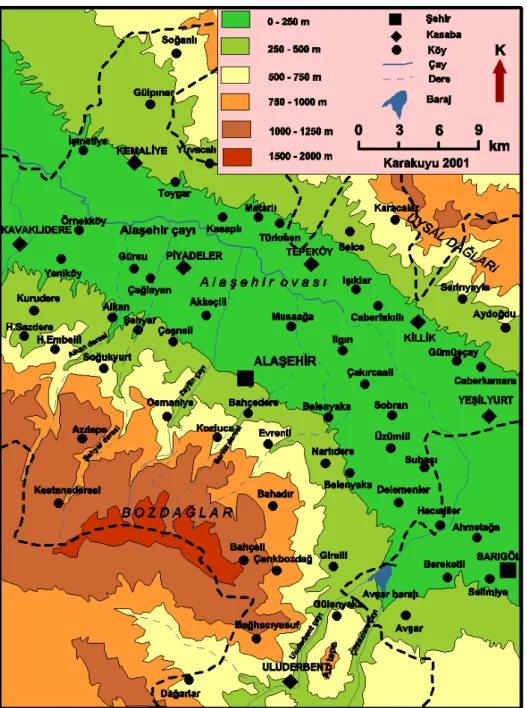 Şekil 2. Alaşehir ilçesi ve yakın çevresinin yükselti basamakları haritası 