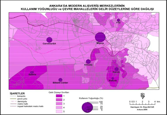 Şekil 7. Ankara  şehrinde modern alış-veriş merkezlerinin kullanım yoğunluğu ve bu merkezleri kullanan müşterilerin  oturdukları mahallelere göre gelir seviyeleri 