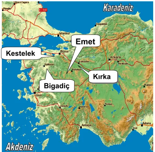 Şekil 2. Türkiye’de Bor minerallerinin çıkarıldığı başlıca alanlar 