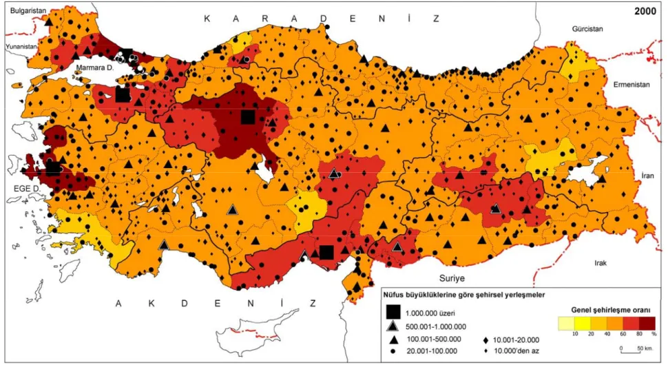 Şekil 6. Türkiye’de kasaba ve şehirler ile şehirleşme düzeylerinin dağılımı (2000) 