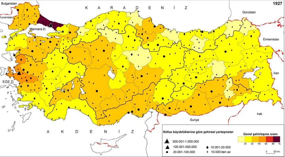 Şekil 1. Türkiye’de kasaba ve şehirler ile şehirleşme düzeylerinin dağılımı (1927) 