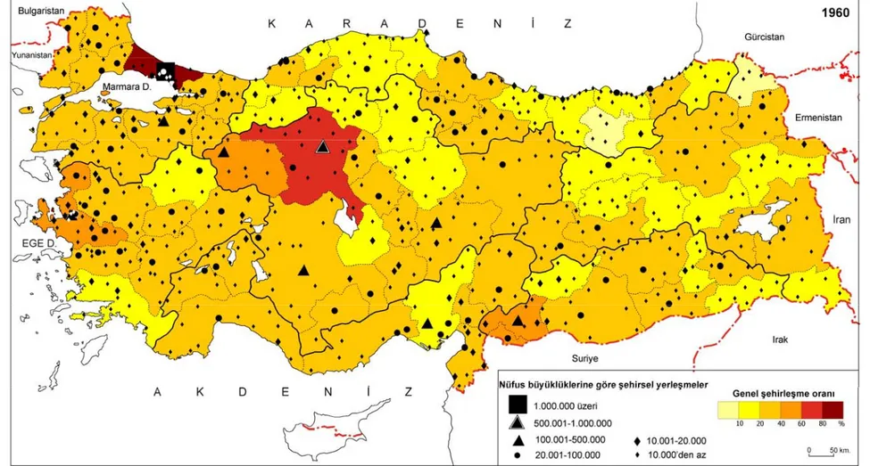 Şekil 4. Türkiye’de kasaba ve şehirler ile şehirleşme düzeylerinin dağılımı (1960) 