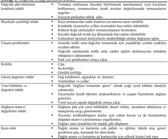 Çizelge 1.  Dağcılık ve dağ turizminin etkileri 