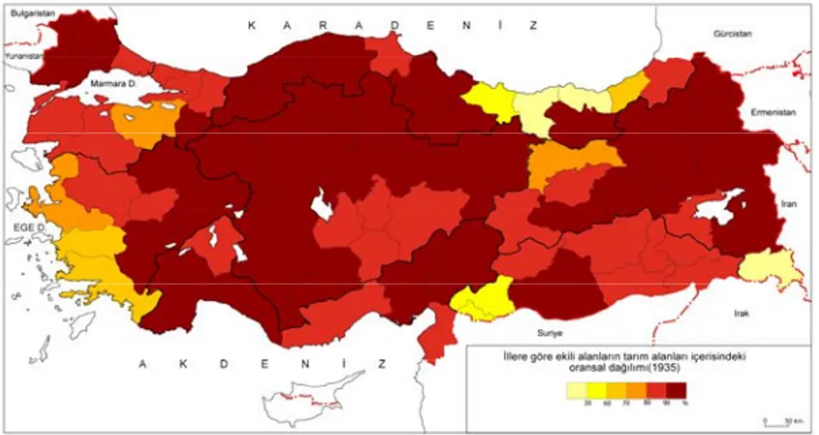 Şekil 7. Türkiye tarım alanları içerisinde ekili alanların illere göre oransal dağılımı (1949) 