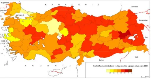 Şekil 4. Türkiye’de iktisaden faal nüfus içerisinde  tarım ve hayvancılıkla uğraşan nüfusun illere göre oransal dağılımı (2000) 