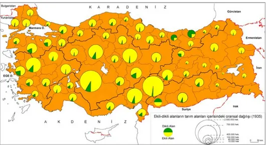 Şekil 5.  Türkiye tarım alanları içerisinde ekili-dikili alanların illere göre oransal dağılımı (1949) 