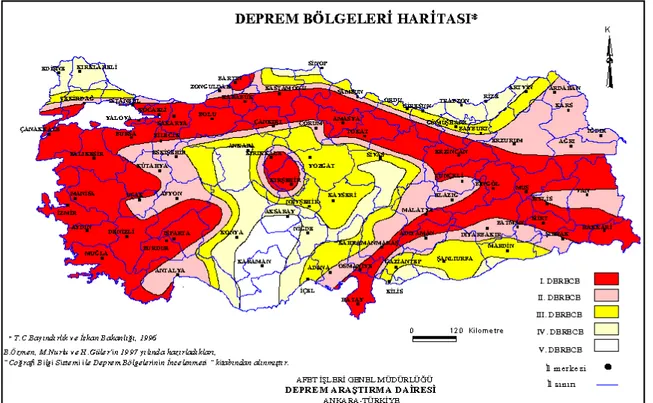 Şekil 1.  Türkiye deprem bölgeleri haritası (www.deprem.gov.tr). 
