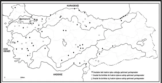 Şekil 3. Türkiye’de sadece imalatta ve imalatla birlikte iki veya üç işlevde uzmanlaşmış şehirsel yerleşmeler (1980) 