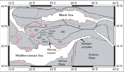 Figure 1. The geological situation of the clusters of Anatolia 15 million  years ago (11, 12) SC= Sakarya continent, MT= 