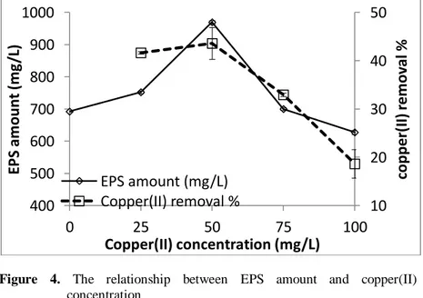 Figure  4.  The  relationship  between  EPS  amount  and  copper(II)  concentration   10 20 30 40 50 400 500 600 700 800 900 1000 0 25 50 75 100  copper(II) removal %EPS amount (mg/L)Copper(II) concentration (mg/L) EPS amount (mg/L) Copper(II) removal % 