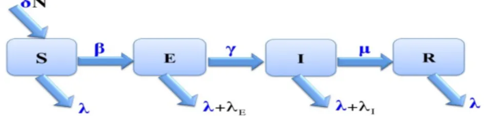 Figure 6. Compartment diagram of the SEIR model (19) with in- in-duced death rates E and I for the exposed and infectious classes,