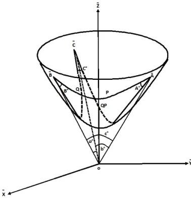 Figure 2. Dual hyperbolic spherical triangle on H 2 0 :