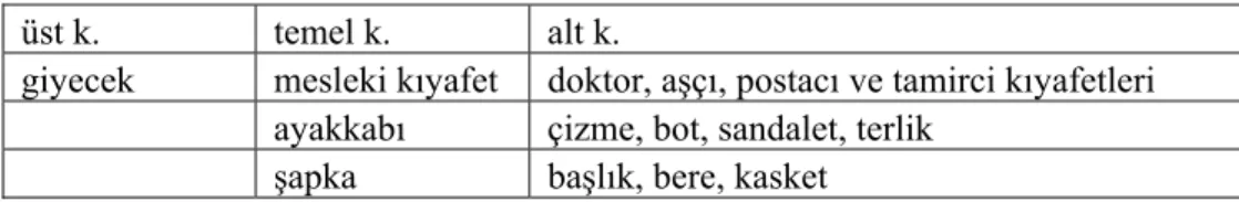 Tablo 8: Yiyecek/içecek üst kavramı hiyerarşik kavramlaştırmaları 