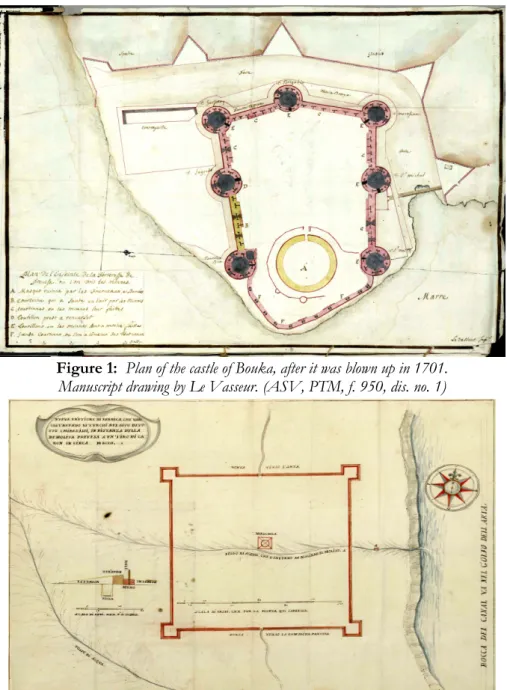 Figure 1:  Plan of the castle of Bouka, after it was blown up in 1701.  Manuscript drawing by Le Vasseur