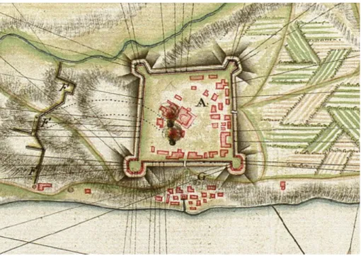 Figure 6:  Plan of the castle of Preveza, under fire, in 1717. (A)  Note the two larger, eastern, stone-built bastions, and the mosque