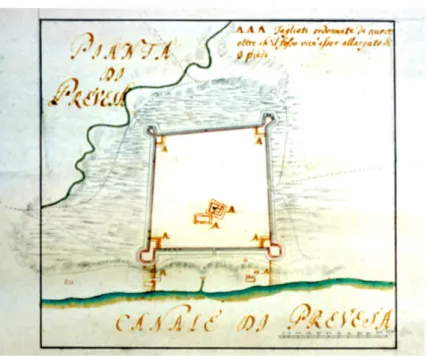 Figure 9:  Plan of the castle of Preveza, after 1717. (D)  (ASV, PF, busta ex b. 79, dis