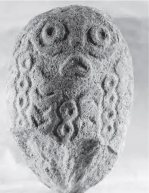 Fig. 12: Sculpted boulder showing a human-fish hybrid being from Lepenski Vir                 (Borić, 2007: 100, Fig
