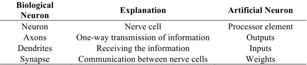 Table 1. Biological neuron and artificial neuron 
