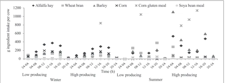 fig. 3. time dependent feed ingredient intake of choice fed cows in summer and winter