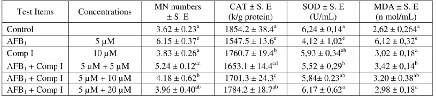 Table 3 : The effects of AFB 1  and Comp I on MN and oxidative stress parameters (SOD, CAT and MDA)