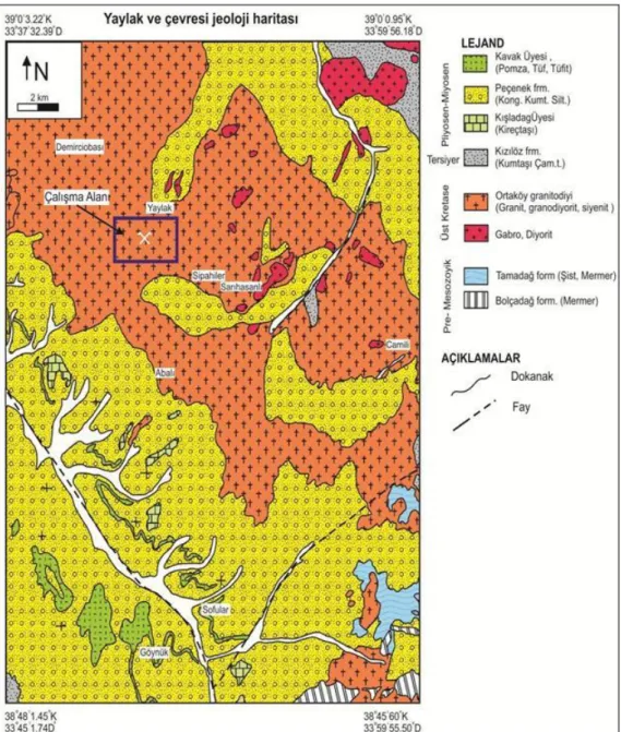 Şekil 3. Çalışma alanı jeoloji haritası (MTA 2011’ den revize edilmiştir). 