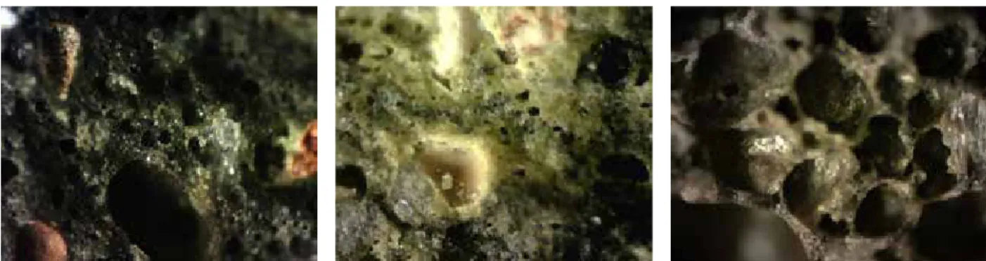 Figure 4   Optical microscopy images of freshly broken ceramic slags with 40x magnification: a) AY 186/1; b) AY 186/7; c) AY 186/11