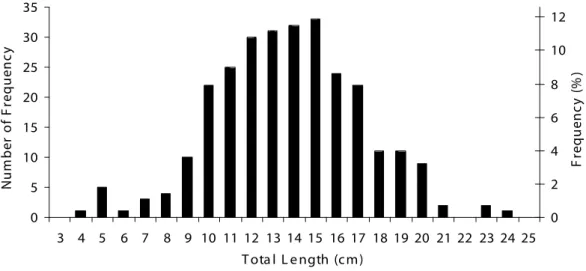 Fig. 3. Length-frequency distribution for Saurida undosquamis off Karataş coast (10 mm length classes).