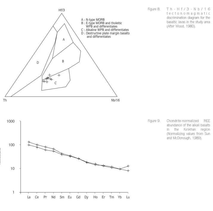 Figure 8. T h - H f / 3 - N b / 1 6 t e c t o n o m a g m a t i c discrimination diagram for the basaltic lavas in the study area (After Wood, 1980)