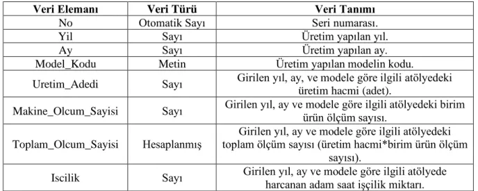 Tablo 9: Üretim tablosunun veri sözlüğü 