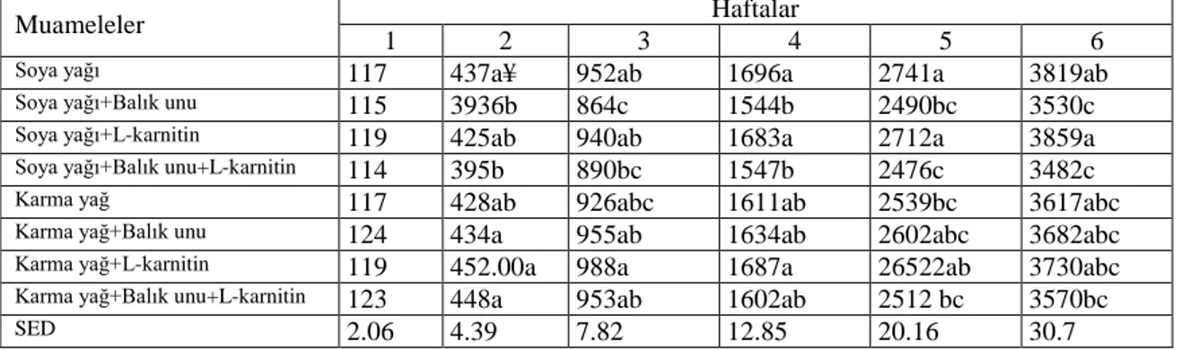 Tablo  1.  Rasyonun  yağ  (soya  yağı  ve  karma  yağ),  balık  unu    ve  L-karnitin  içeriğinin  yüksek  sıcaklık  altında yetiştirilen etlik piliçlerde yem tüketimi üzerine etkisi 