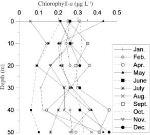 FIGURE  7. Depth profiles of chlorophyll-a during sampling  periods at station B