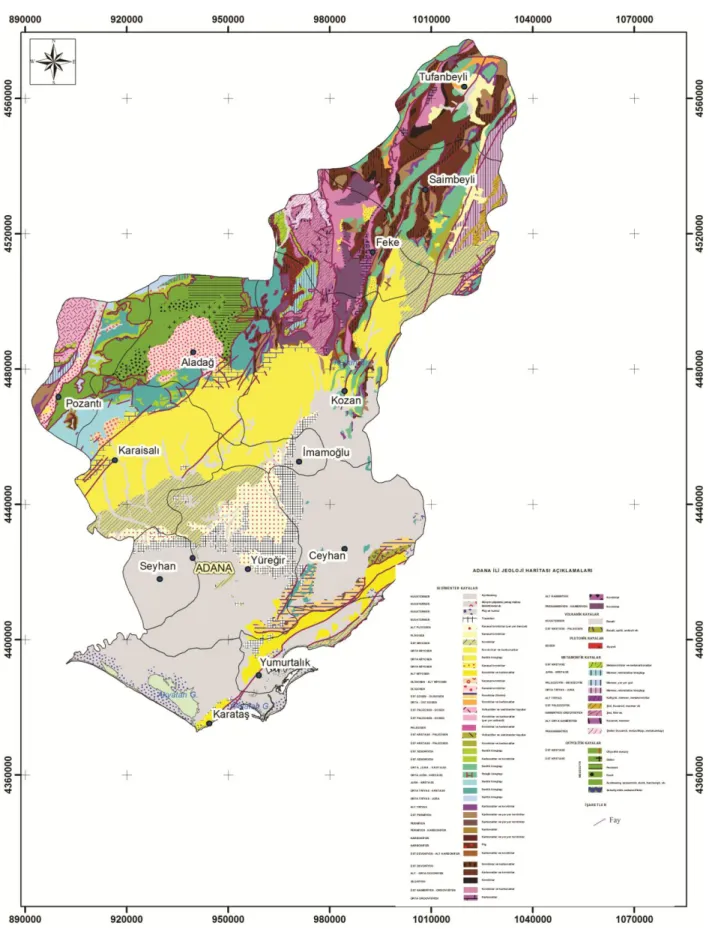 Şekil 2: Çalışma alanı ve yakın çevresinin litoloji grupları haritası (Ulu, 2002’den düzenlenmiştir)