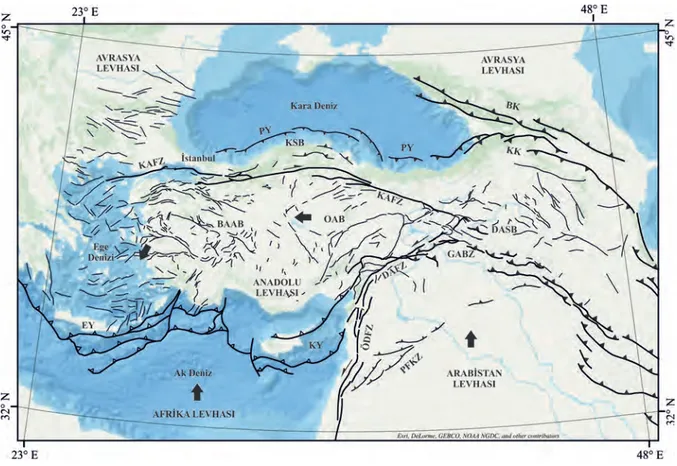 Şekil 1.1- Doğu Akdeniz bölgesinin diri fay haritası (Duman vd., 2016). Türkiye kara alanındaki faylar Emre vd.,  (2013)’ten basitleştirilmiştir
