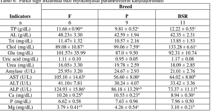 Tablo 6.  Farklı sığır ırklarında bazı biyokimyasal parametrelerin karşılaştırılması  Indicators  Breed F P  BSR  n  6  9  11  TP (g/dL)  11.66 ± 0.90 ac 9.81 ± 0.52 a 12.22 ± 0.55 c AL (g/dL)  48.23± 3.30  42.59 ± 1.94  42.35 ± 2.31  Tri  (mg/dL)  11.47± 