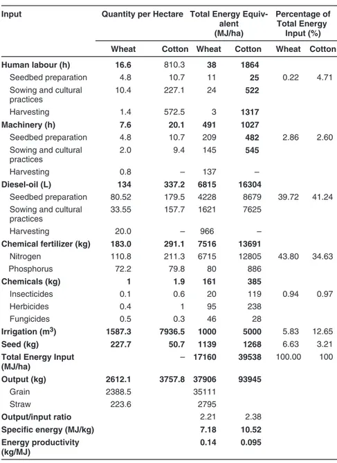 TABLE 2. The energy output/input relationship for wheat and cotton production